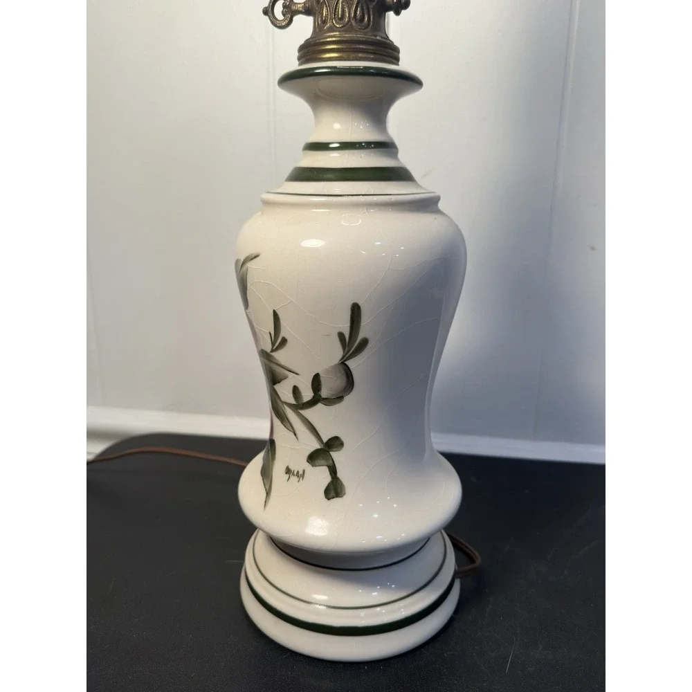 VTG Hand-Painted Crackle Ceramic Table Lamp Pink Floral Brass Hollywood Regency‎